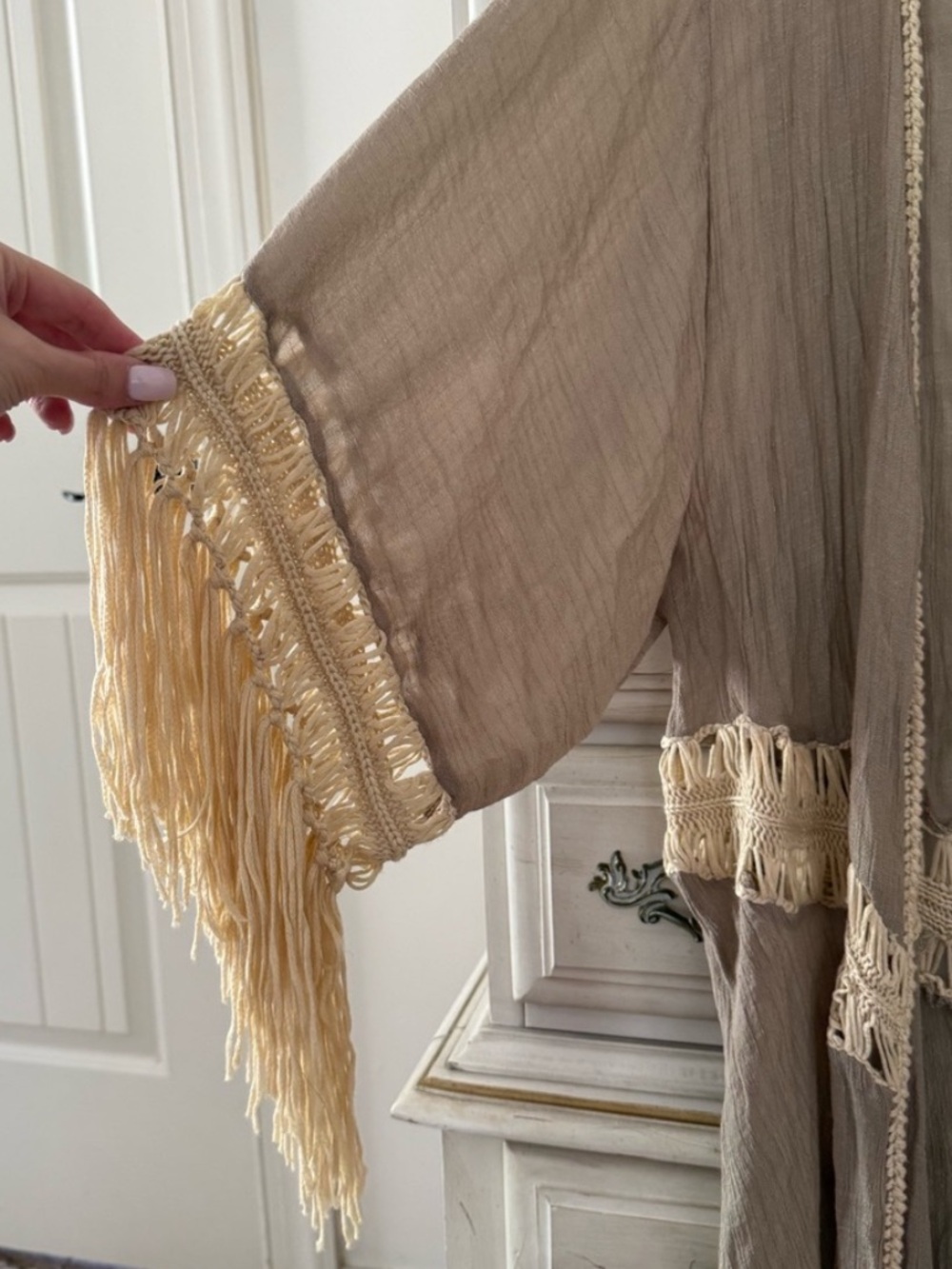 Boho Fringe Kimono in Taupe with Cream Lace Trim - Picture 3 of 6